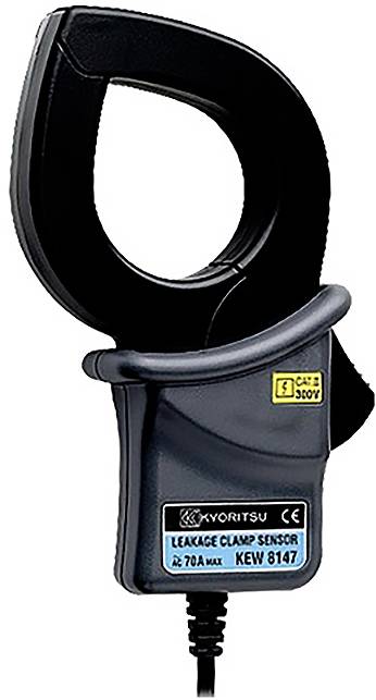 Ein schwarzer Leckstromsensor von Kyoritsu, Modell KEW 8147, entwickelt zur Messung von Wechselstromleckstrom, mit einer kreisförmigen Zange und angekabeltem Anschluss.