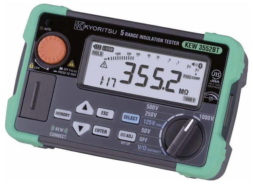 Ein digitales Isolationsprüfgerät zeigt eine Anzeige von 355,2 Megaohm. Das Gerät verfügt über verschiedene Tasten und ein Drehwahlschalter zur Bereichsauswahl.