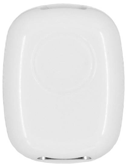 Ein kleines, weißes, rechteckiges Gerät mit abgerundeten Ecken, das eine subtile kreisförmige Vertiefung in der Mitte aufweist, möglicherweise ein Knopf.