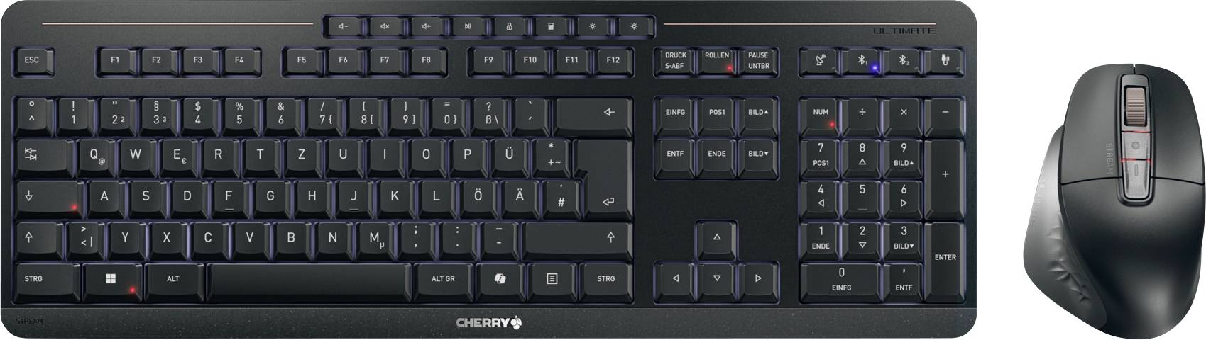 Eine schwarze kabellose Tastatur mit Ziffernblock und eine dazu passende vertikale ergonomische Maus, geeignet für die Büronutzung.