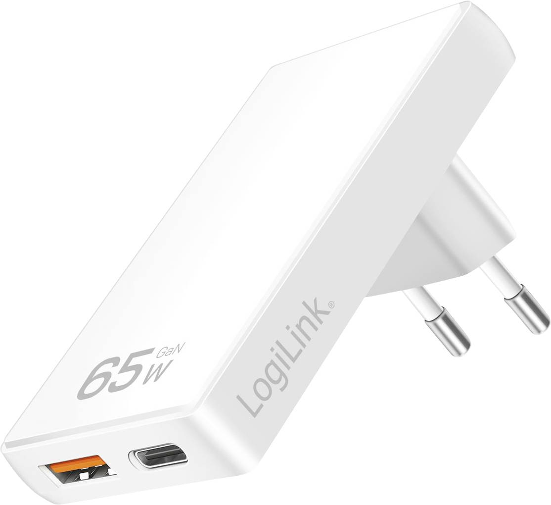 Ein weißes LogiLink 65W GaN-Ladegerät mit zwei USB-C- und einem USB-A-Anschluss, entwickelt für effizientes Schnellladen mit hoher Geschwindigkeit.