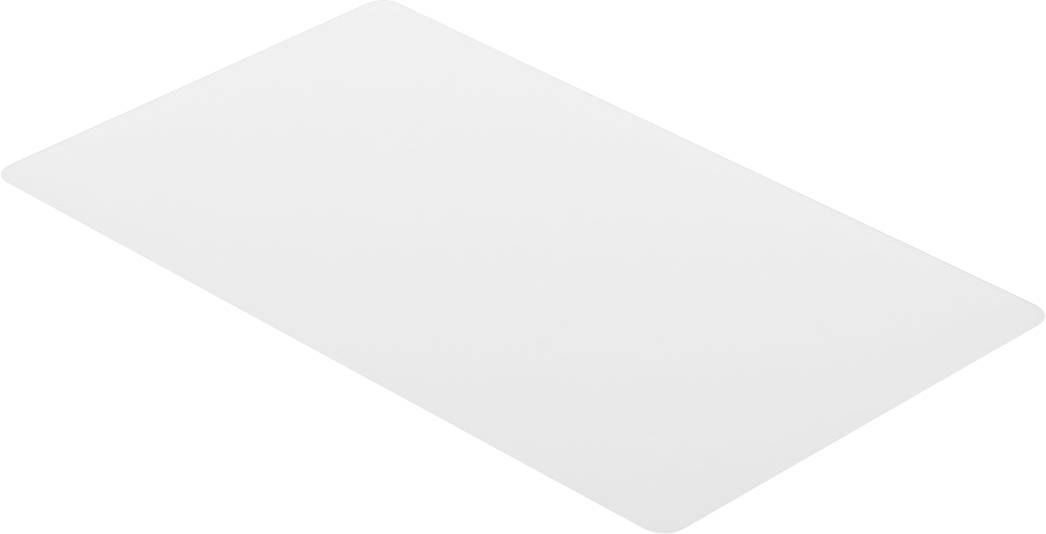 Ein durchsichtiges Schneidebrett mit abgerundeten Ecken auf weißem Hintergrund.