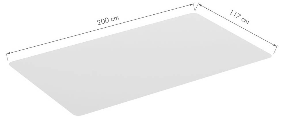 Rechteckiges Blatt mit den Abmessungen 200 cm x 117 cm.