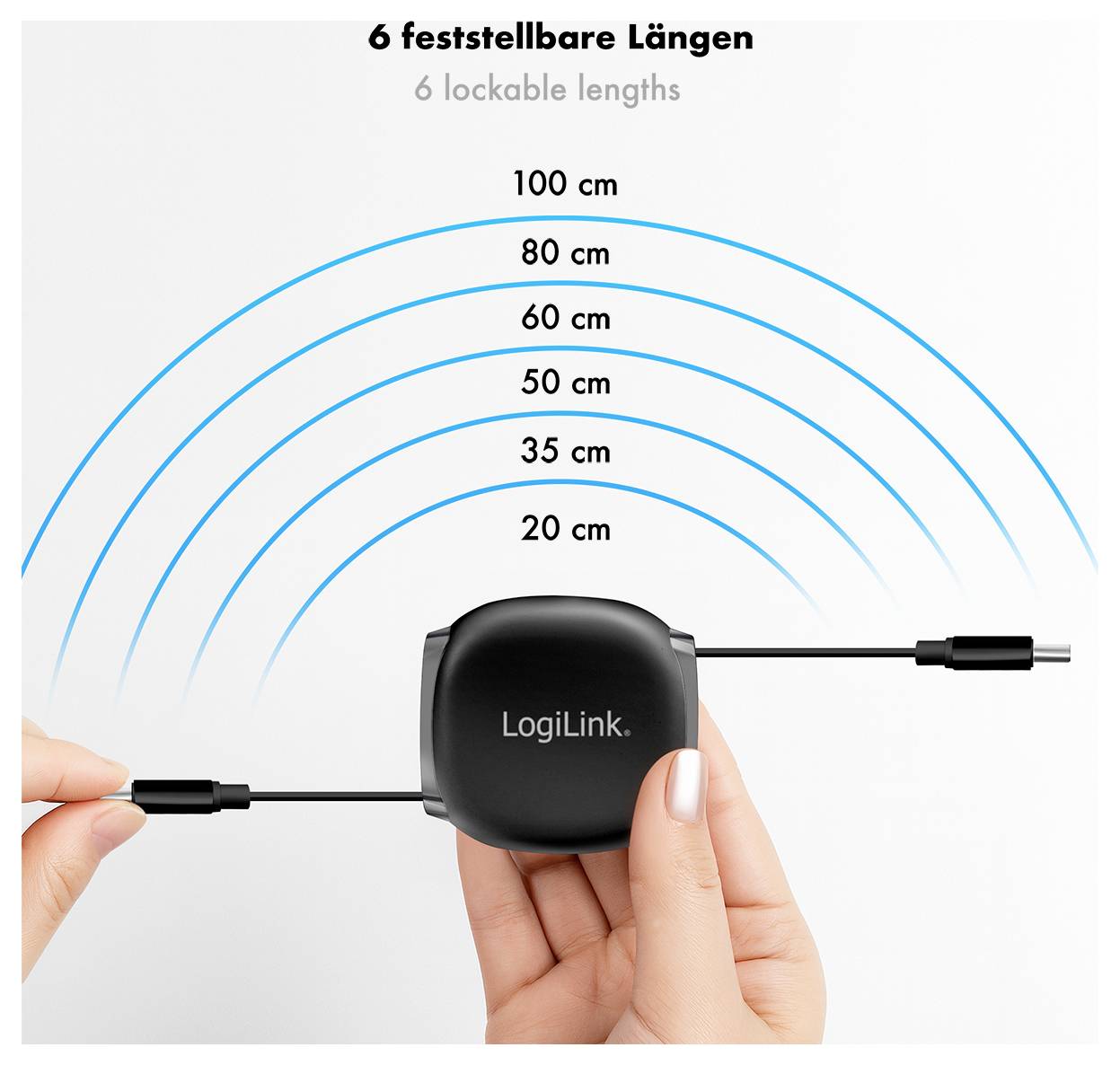 Hände halten LogiLink-Retraktion-Kabel mit sechs sperrbare Längen von 20 cm bis 100 cm.