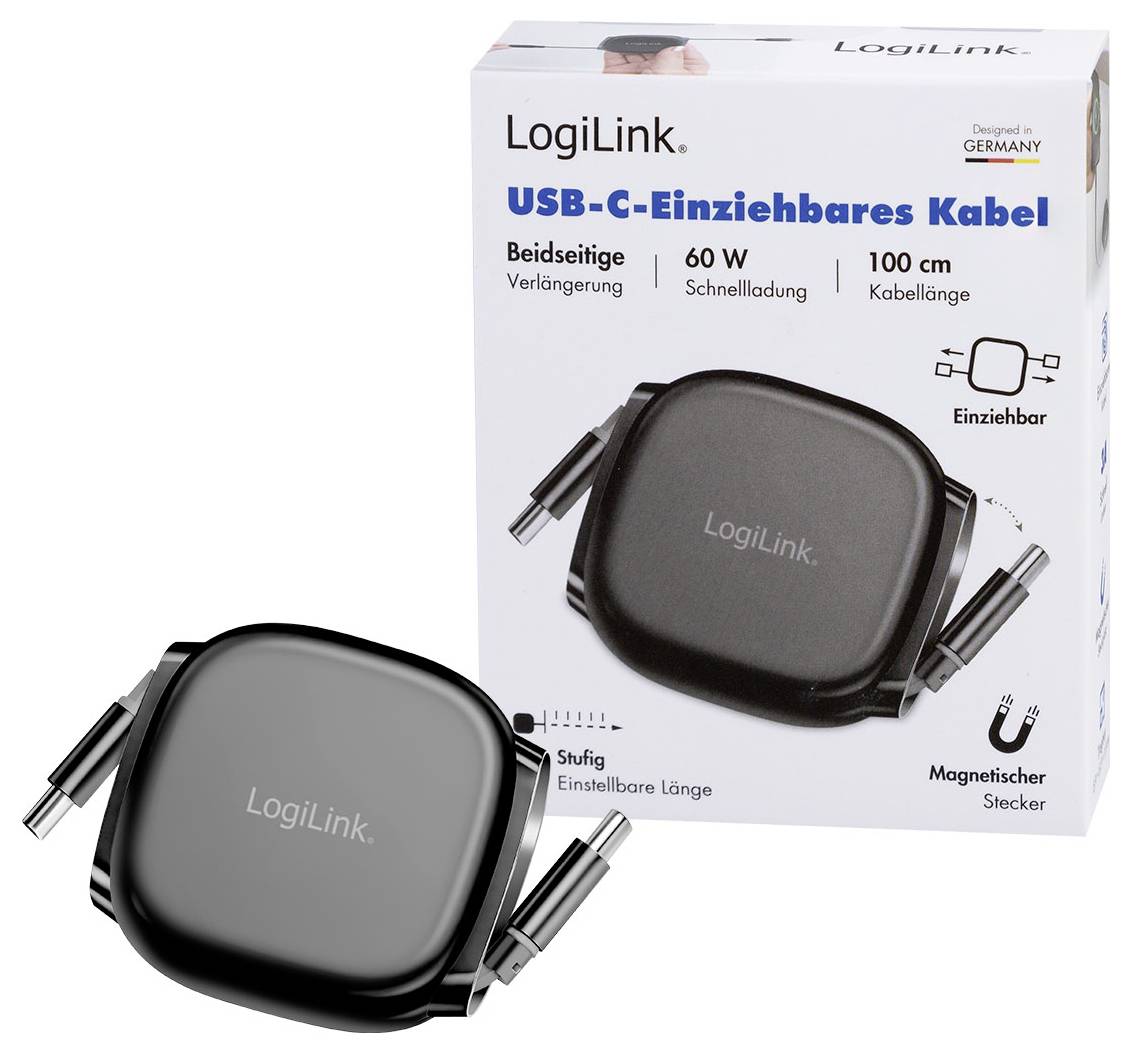 Ein schwarzes, ausziehbares USB-C-Kabel von LogiLink mit Verpackung, die folgende Funktionen zeigt: 60W Schnellladen, 100cm Länge, magnetischer Stecker, verstellbar.