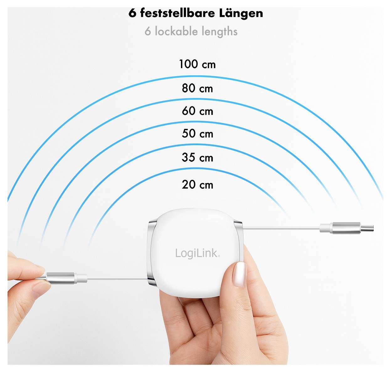 'LogiLink' einziehbares Kabel mit 6 verriegelbaren Längen: 100 cm, 80 cm, 60 cm, 50 cm, 35 cm, 20 cm. Bild zeigt Diagramm der Kabelverlängerungsoptionen.