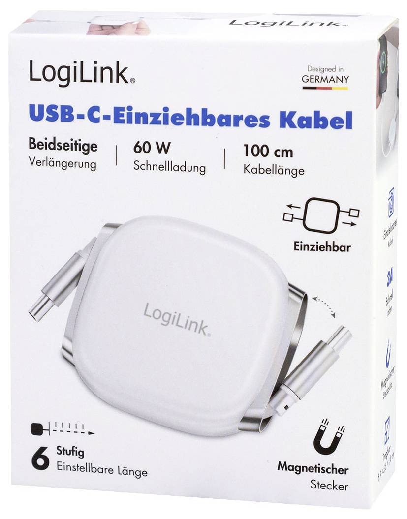 LogiLink USB-C Einziehbares Kabel mit Verpackung, 60W Schnellladung, 100cm Länge, verstellbare Größe und magnetischer Stecker, in Deutschland entwickelt.