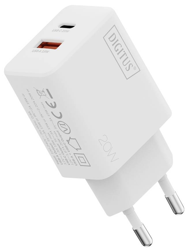 Ein weißes USB-Wandladegerät mit EU-Stecker, das einen USB-C- und einen USB-A-Anschluss bietet. Das Ladegerät ist auf seinem Gehäuse mit „20W