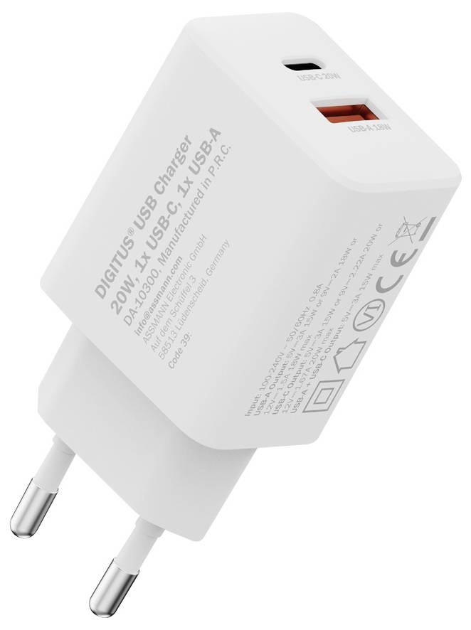 Ein weißes Wandladegerät mit USB-C- und USB-A-Anschlüssen, beschriftet mit „DIGITUS USB Charger