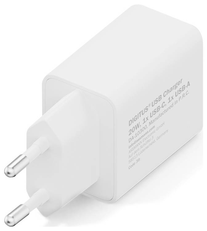 Ein weißes USB-Ladegerät mit europäischem Stecker, ausgestattet mit USB-C- und USB-A-Anschlüssen. Gekennzeichnet als 