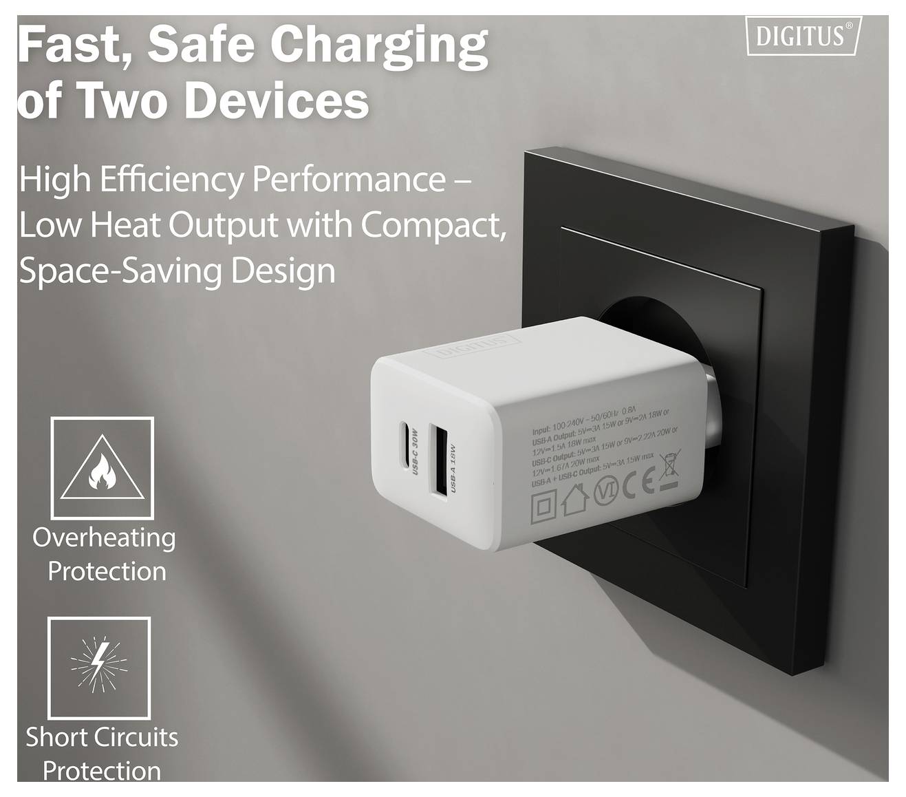 Ein weißes USB-Dual-Ladegerät, das in eine schwarze Steckdose eingestöpselt ist. Der Text hebt schnelles, sicheres Laden sowie Schutz vor Überhitzung und Kurzschlüssen hervor.