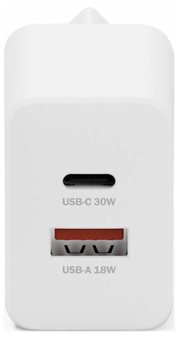 Ein weißes Wandladegerät mit zwei Anschlüssen: ein USB-C-Anschluss mit der Bezeichnung „USB-C 30W