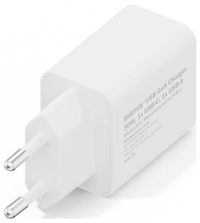 Ein weißes USB-GaN-Ladegerät mit europäischem Stecker, mit einem USB-C- und einem USB-A-Anschluss. Der Text auf der Seite gibt eine Leistungsabgabe von 30W an.