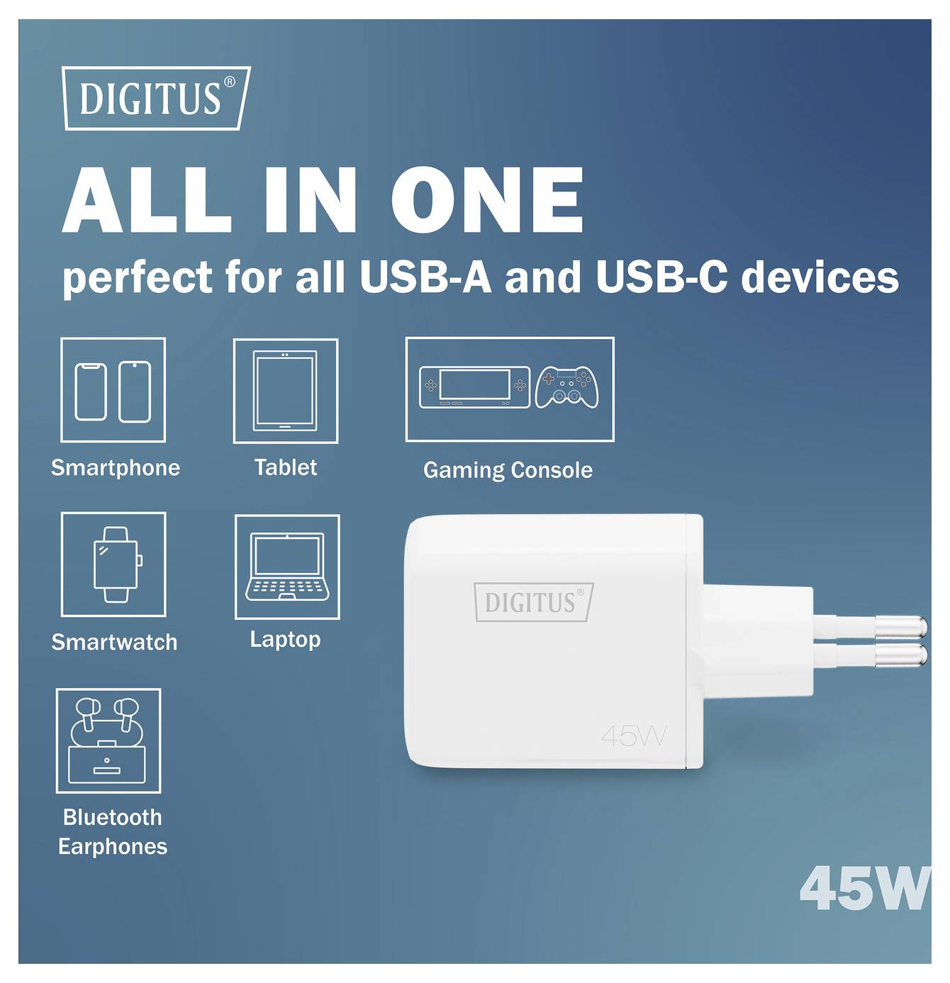 Ein weißes 'Digitus' 45W-Ladegerät wird gezeigt, gekennzeichnet mit 'ALL IN ONE', kompatibel mit USB-A und USB-C-Geräten wie Smartphones, Tablets und Laptops.