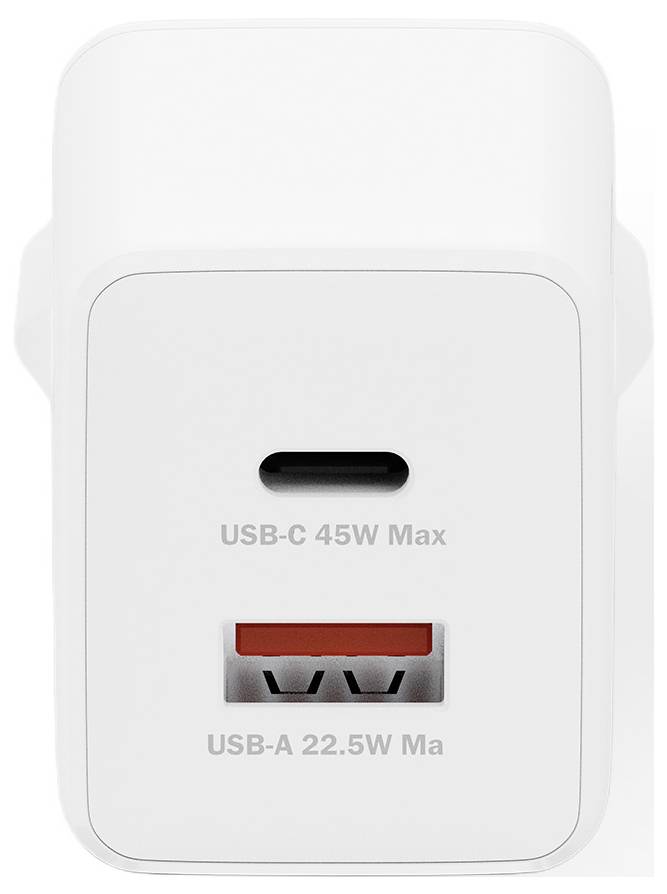 Ein weißer Ladestecker mit einem USB-C-Anschluss mit der Bezeichnung „USB-C 45W Max