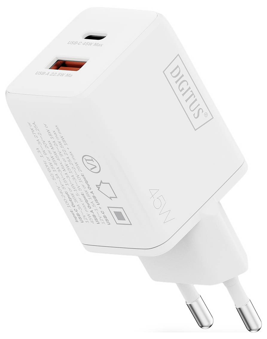 Ein weißes 45W-Wandladegerät mit USB-C- und USB-A-Anschlüssen, das das Markenlogo „DIGITUS