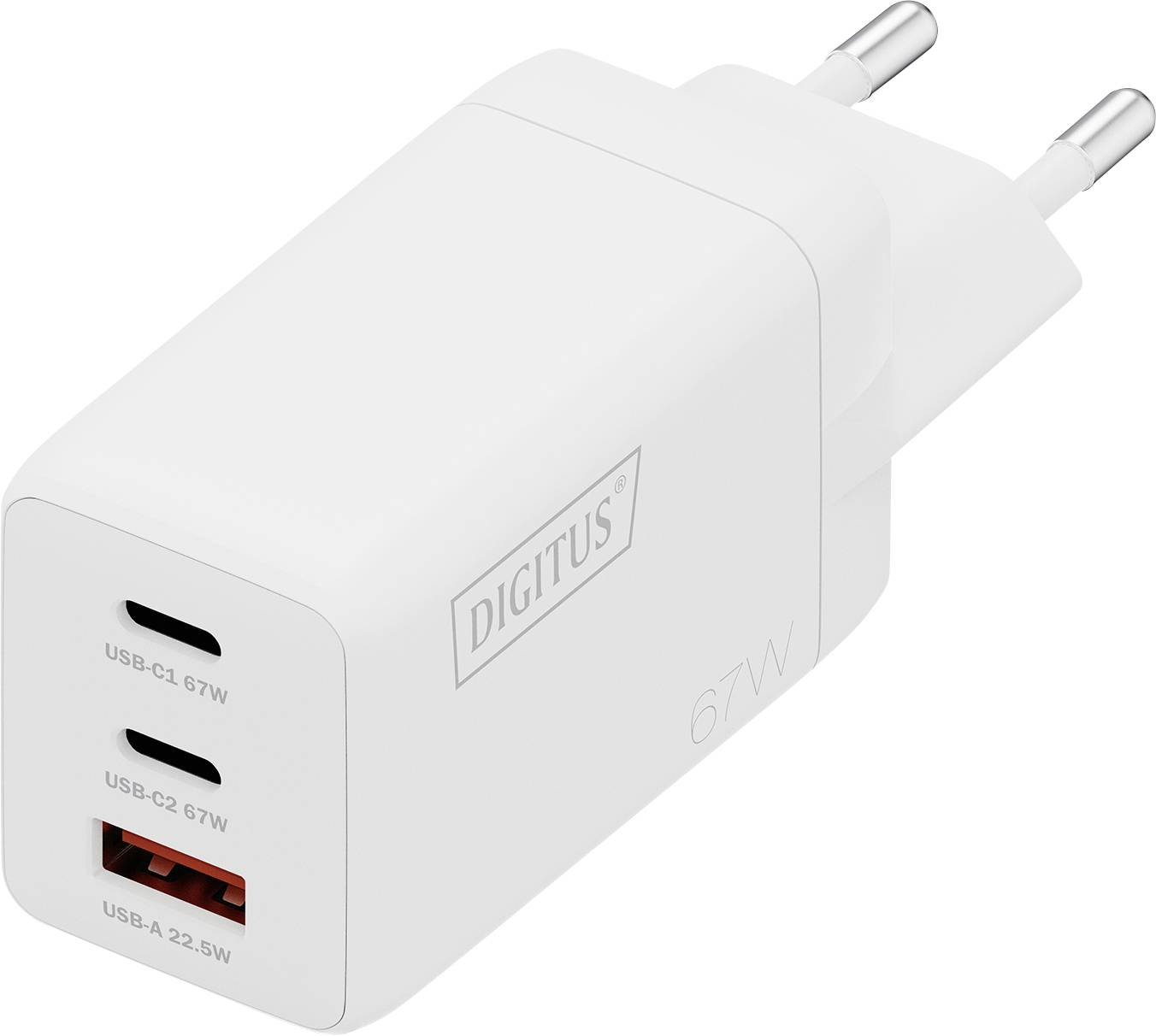 Ein weißes Wandladegerät mit zwei USB-C und einem USB-A Anschluss, mit der Bezeichnung „DIGITUS