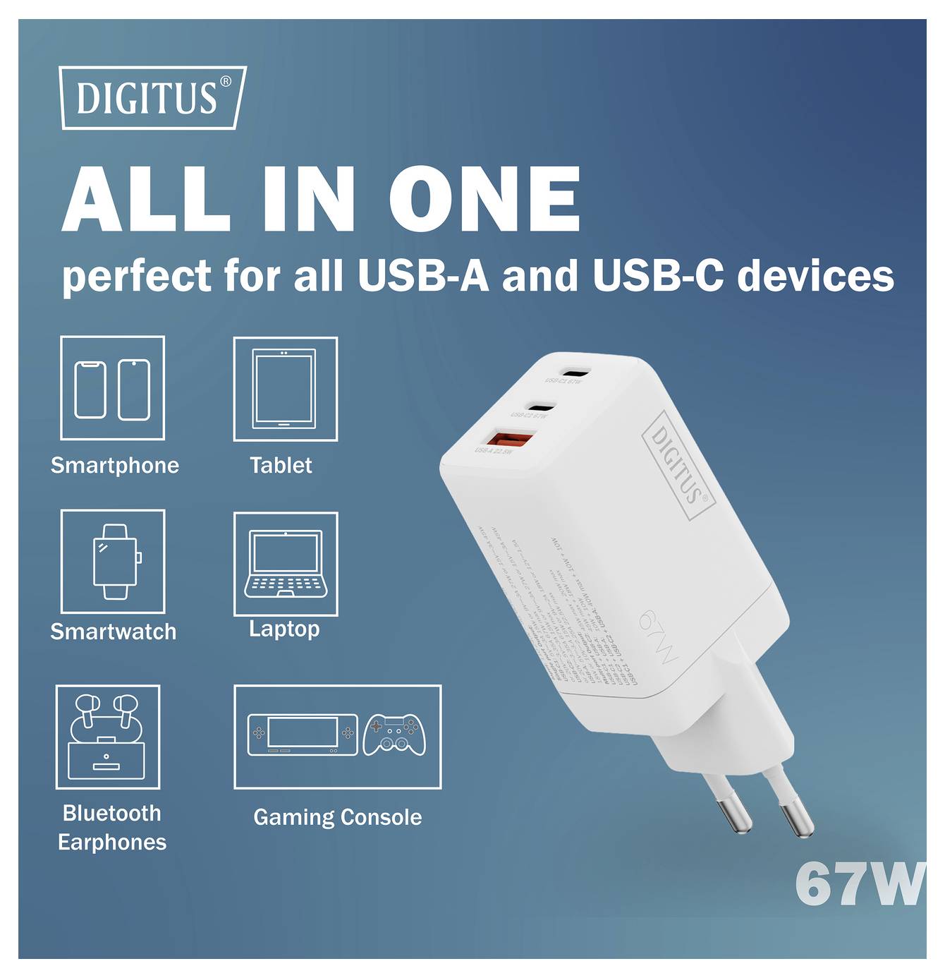 Digitus 67W-Ladegerät mit USB-A- und USB-C-Anschlüssen, geeignet für Smartphones, Tablets, Smartwatches, Laptops, Kopfhörer, Spielekonsolen.