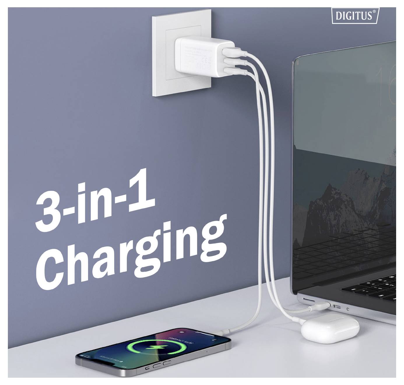 Ein 3-in-1-Ladeset mit einem Wandadapter verbindet ein Smartphone, AirPods und einen Laptop und demonstriert die gleichzeitige Ladefähigkeit.