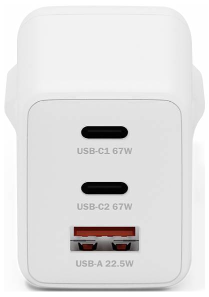 Ein weißer Ladapter mit zwei USB-C-Anschlüssen mit der Bezeichnung „67W