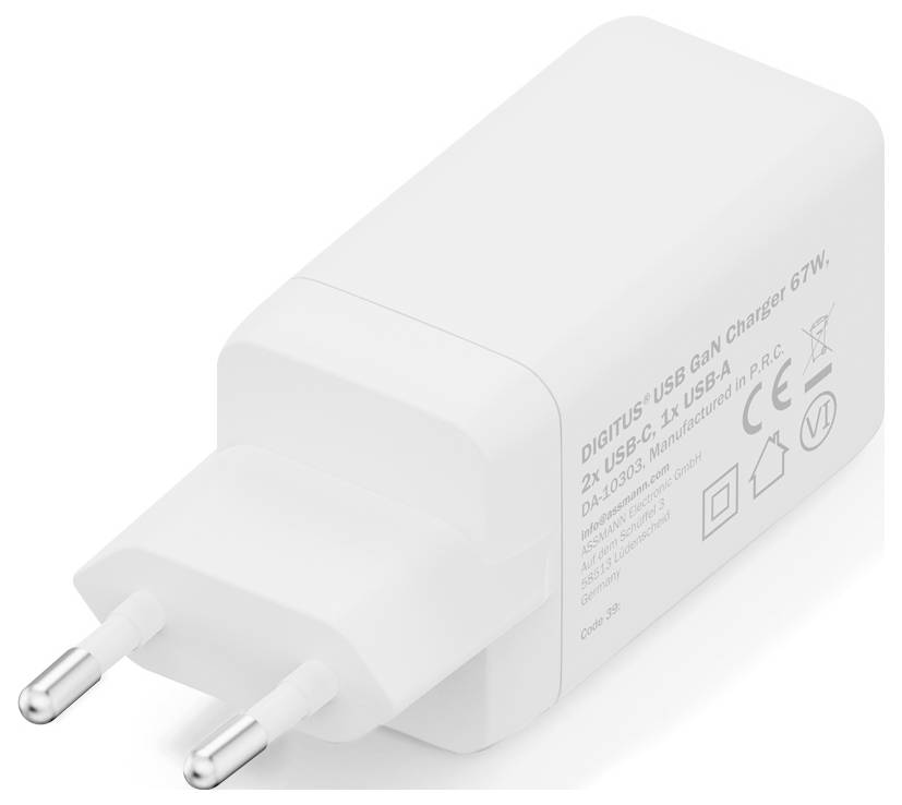 Weißes USB-Ladegerät mit der Bezeichnung „Digitus USB GaN Charger 67W, 2x USB-C, 1x USB-A