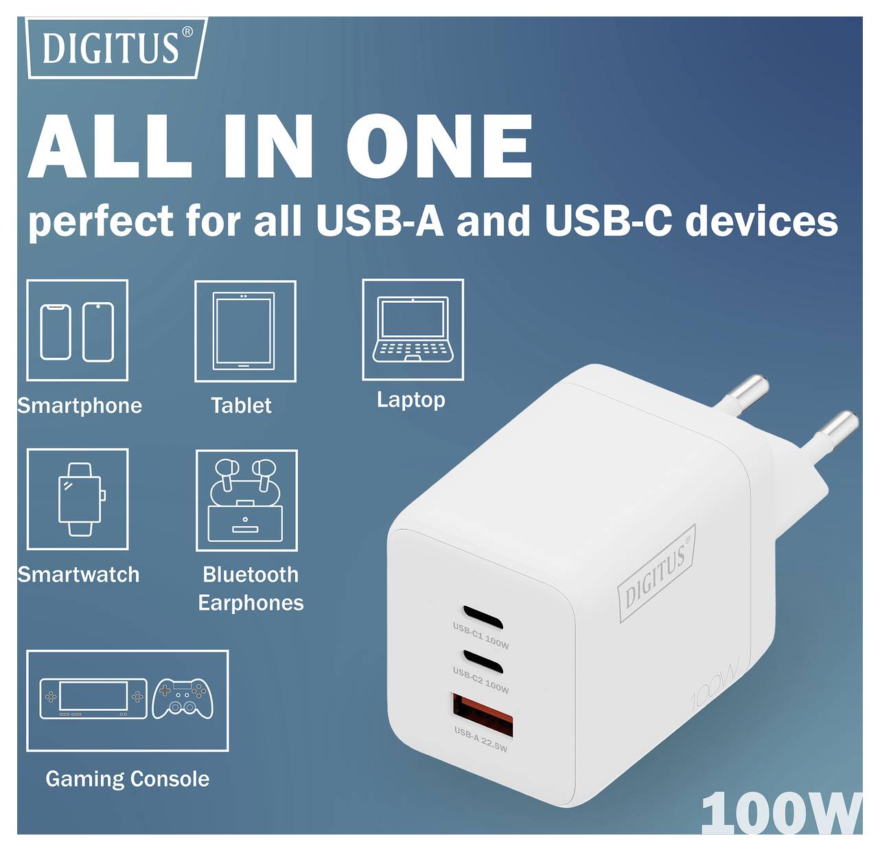 Digitus: Alles in Einem, perfekt für alle USB-A und USB-C Geräte. Das Bild zeigt ein weißes Ladegerät mit zwei Anschlüssen; geeignet für Smartphones, Tablets, Laptops, Smartwatches, Bluetooth-Kopfhörer und Gaming-Konsolen.