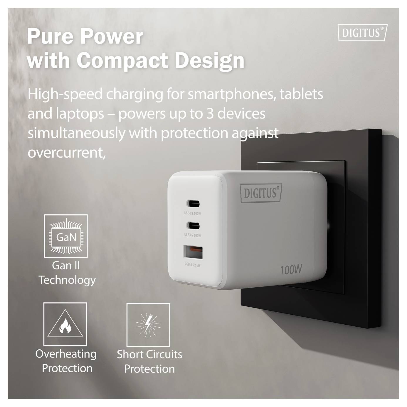 Ein kompakter Wandladegerät in eine Steckdose eingesteckt, hervorgehobene Funktionen: Schnellladung, Überstromschutz, Überhitzungsschutz, Kurzschlussschutz.