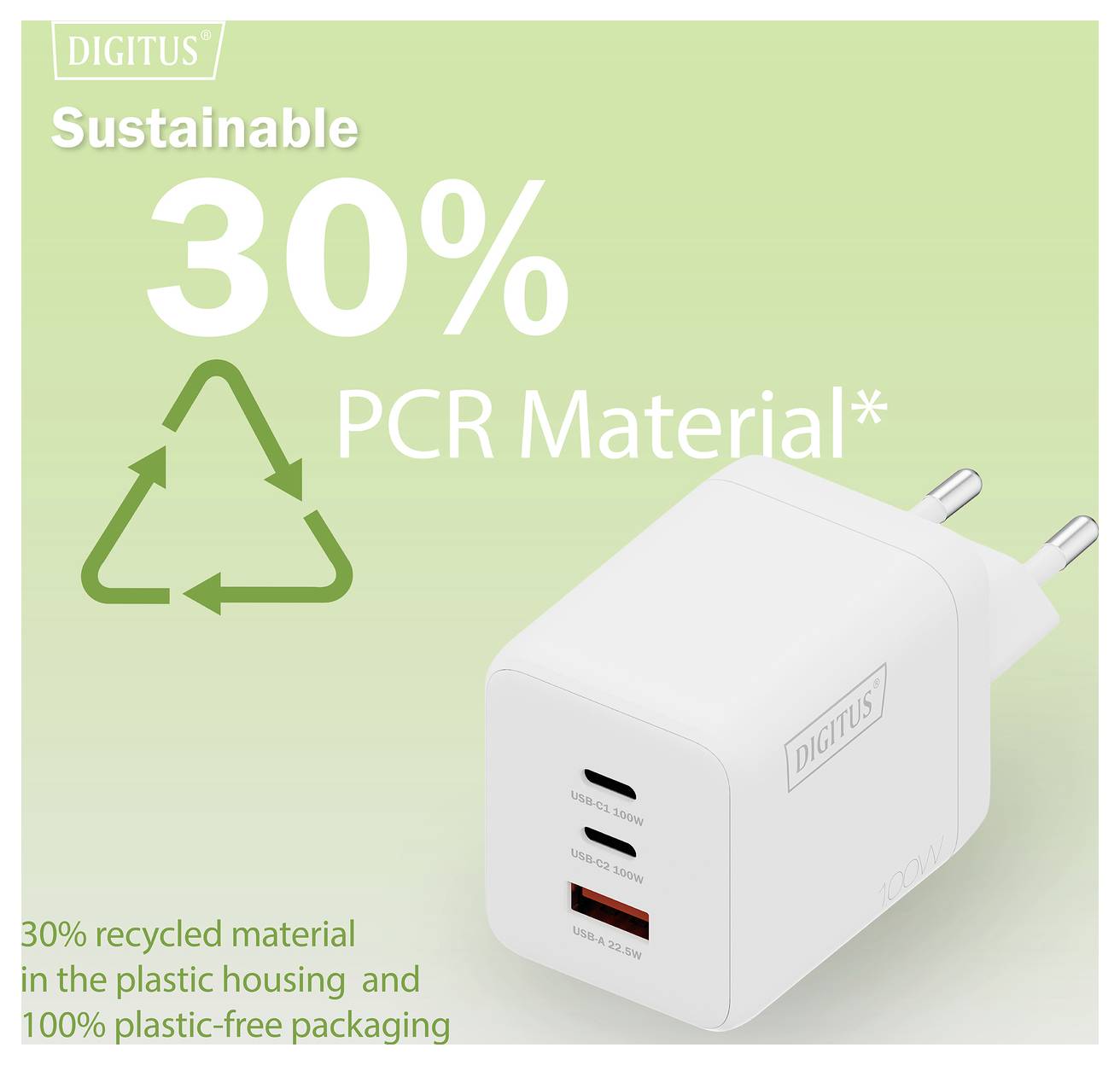 Digitus USB-Ladegerät mit 30% recyceltem PCR-Material. Verfügt über zwei USB-Anschlüsse und betont Nachhaltigkeit mit plastikfreier Verpackung.