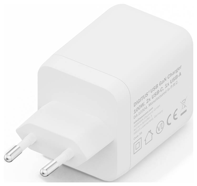 Ein weißes Digitus USB-GaN-Ladegerät mit zwei USB-Anschlüssen und europäischem Stecker. Das Etikett zeigt: 100W, USB-C x 1, USB-A x 1.