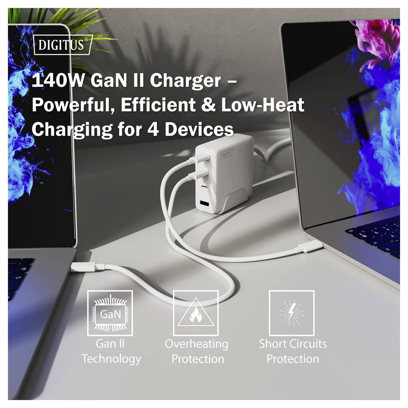 Ein 140W GaN II-Ladegerät, das zwei Laptops verbindet und bietet leistungsstarkes, effizientes Laden mit niedriger Wärmeerzeugung für bis zu vier Geräte. Beinhaltet Symbole für Technologie, Überhitzungsschutz und Kurzschlussschutz.