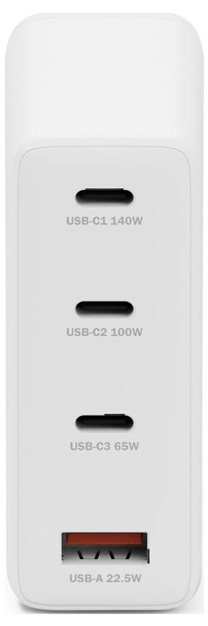 Ein weißer Ladapter mit drei USB-C-Anschlüssen mit den Bezeichnungen „USB-C1 140W