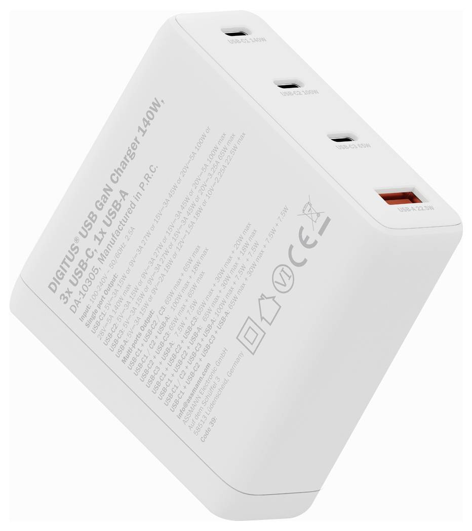 Ein weißes Digitus USB-C Wandladegerät mit drei USB-C-Anschlüssen und einem USB-A-Anschluss, gekennzeichnet mit „140W