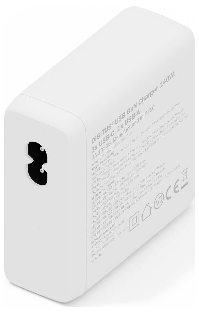 Weißes USB-GaN-Ladegerät mit der Aufschrift „DIGITUS USB GaN Charger 140W, 3x USB-C, 1x USB-A