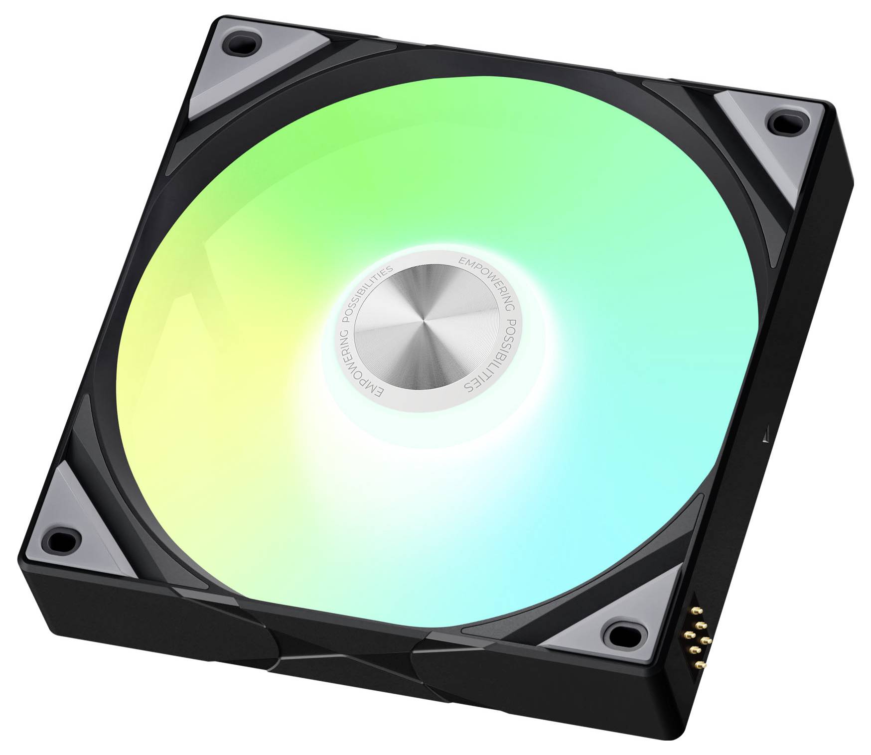 Ein Computerkühlungsventilator, der mit einem Farbverlauf von Grün zu Gelbem Licht leuchtet, in einem schwarzen Rahmen mit einer kreisförmigen silbernen Mitte eingefasst.