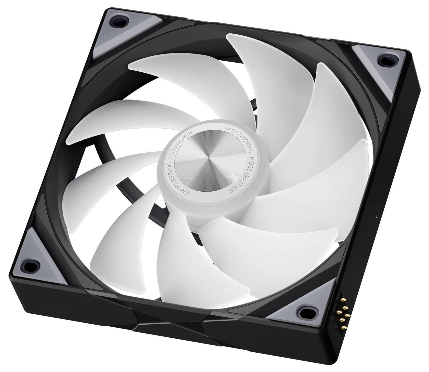 Ein Computerlüfter mit schwarzem Rahmen und weißen Blättern, mit einer zentralen metallischen Akzentierung.