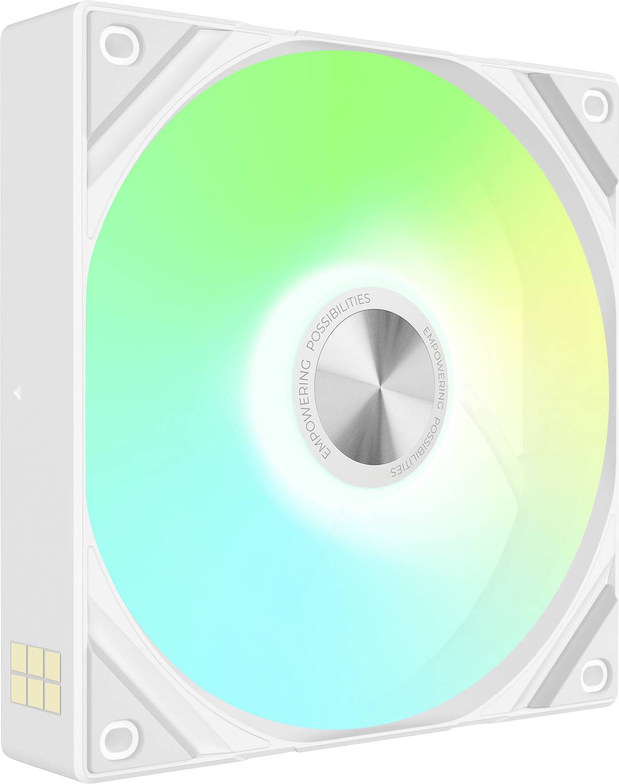 Ein Computerlüfter mit durchscheinenden Blättern, die in Grün- und Blautönen leuchten und die Kühlungstechnologie demonstrieren.