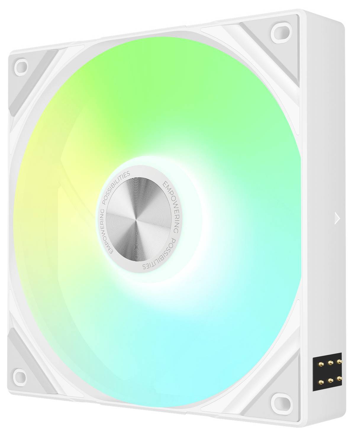 Ein leuchtender Computer-Kühlventilator mit einem Farbverlauf von Grün zu Blau, in Weiß eingefasst, mit den Worten „Empowering Possibilities