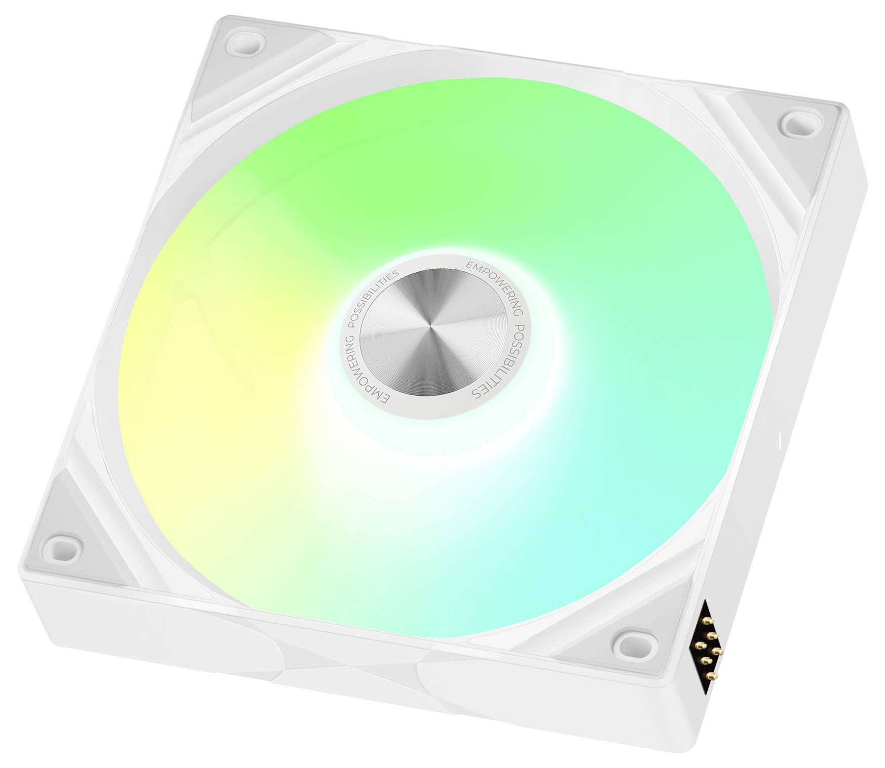 Ein Computer-Kühlventilator mit einer leuchtenden LED-Leuchte, die einen Farbverlauf von Grün zu Gelbtönen aufweist. Der Ventilator ist in einem weißen Rahmen eingebaut.