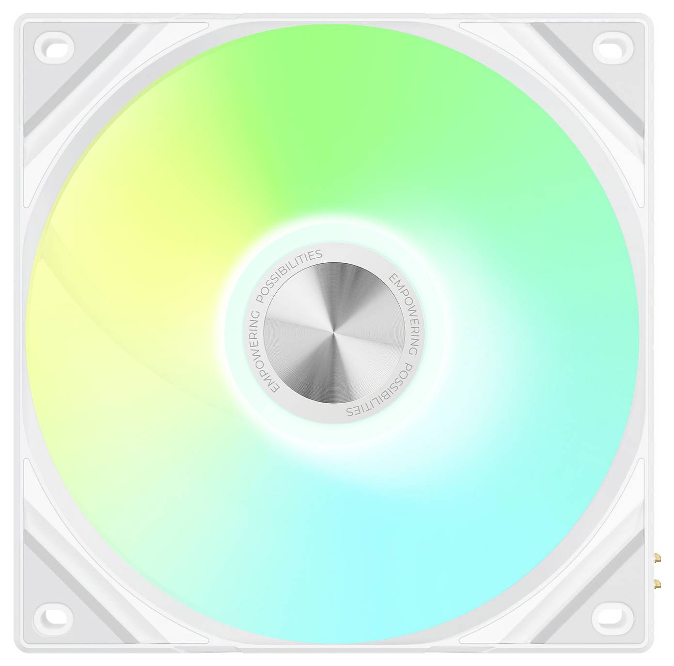 Ein Computerkühler mit LED-Lichtern, die einen Farbverlauf von Gelb über Grün bis Blau zeigen, mit dem Text „Empowering Possibilities