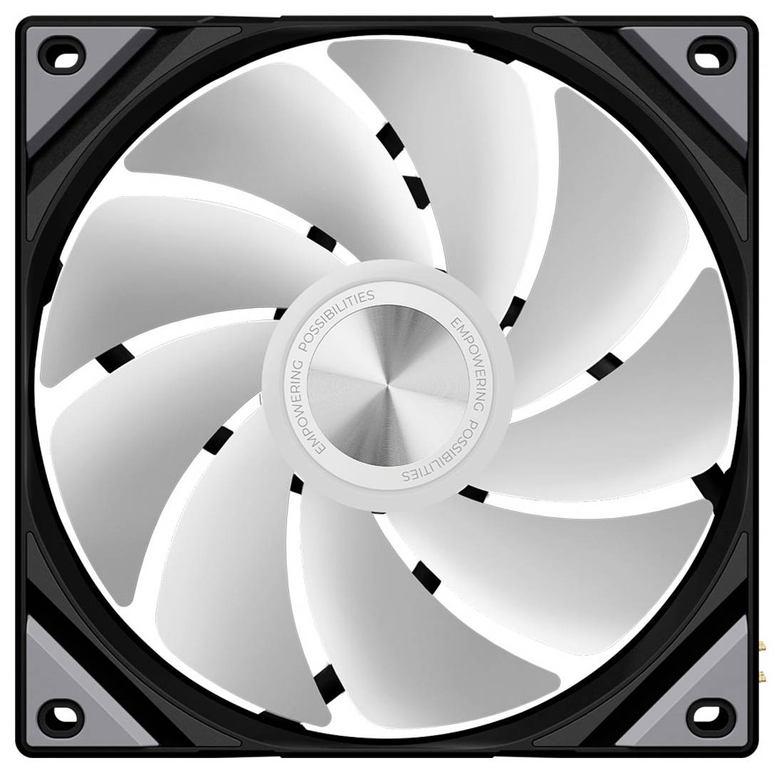 Ein quadratischer Computer-Kühlventilator mit neun weißen Blättern und einer zentralen Nabe mit der Beschriftung „Empowering Possibilities