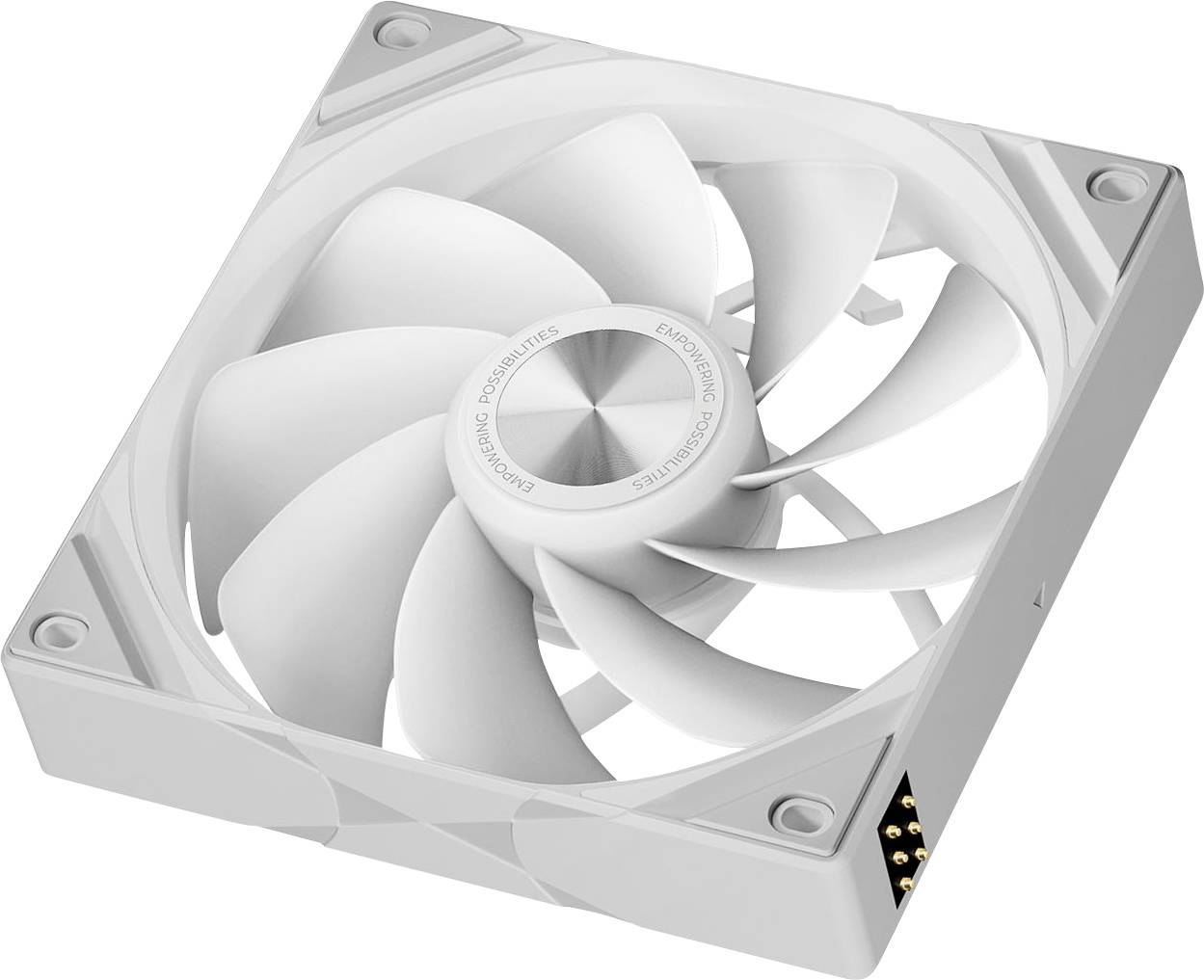 Ein weißer Computer-Kühlungslüfter mit mehreren Blättern, entwickelt für effektiven Luftstrom. Er verfügt über Eckhalterungen zur Installation in einem PC-Gehäuse.