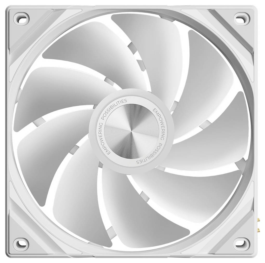 Ein weißer Computer-Kühlerlüfter mit gebogenen Blättern, die sich in einem quadratischen Rahmen drehen, zentraler Nabe mit der Beschriftung „Empowering Possibilities