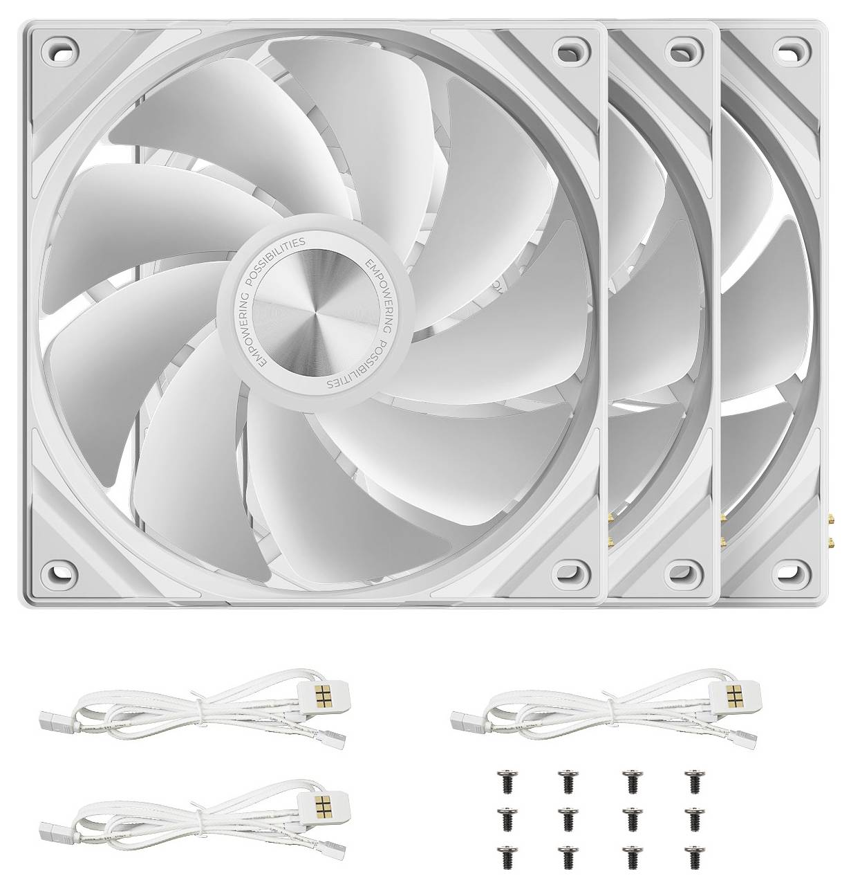 Drei weiße Computerlüfter mit Kabeln und Befestigungsschrauben von vorne angebracht.