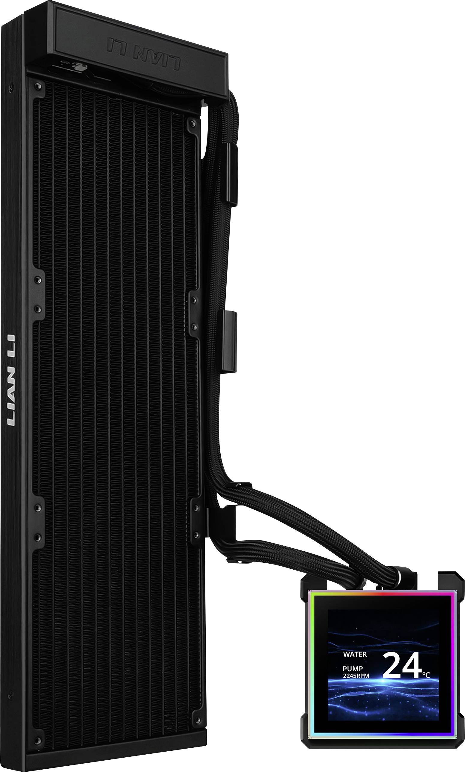 Ein schwarzer Kühler mit Kühlrohren für ein Computer-Setup; zeigt ein digitales Display mit der Anzeige „Water Pump 24%