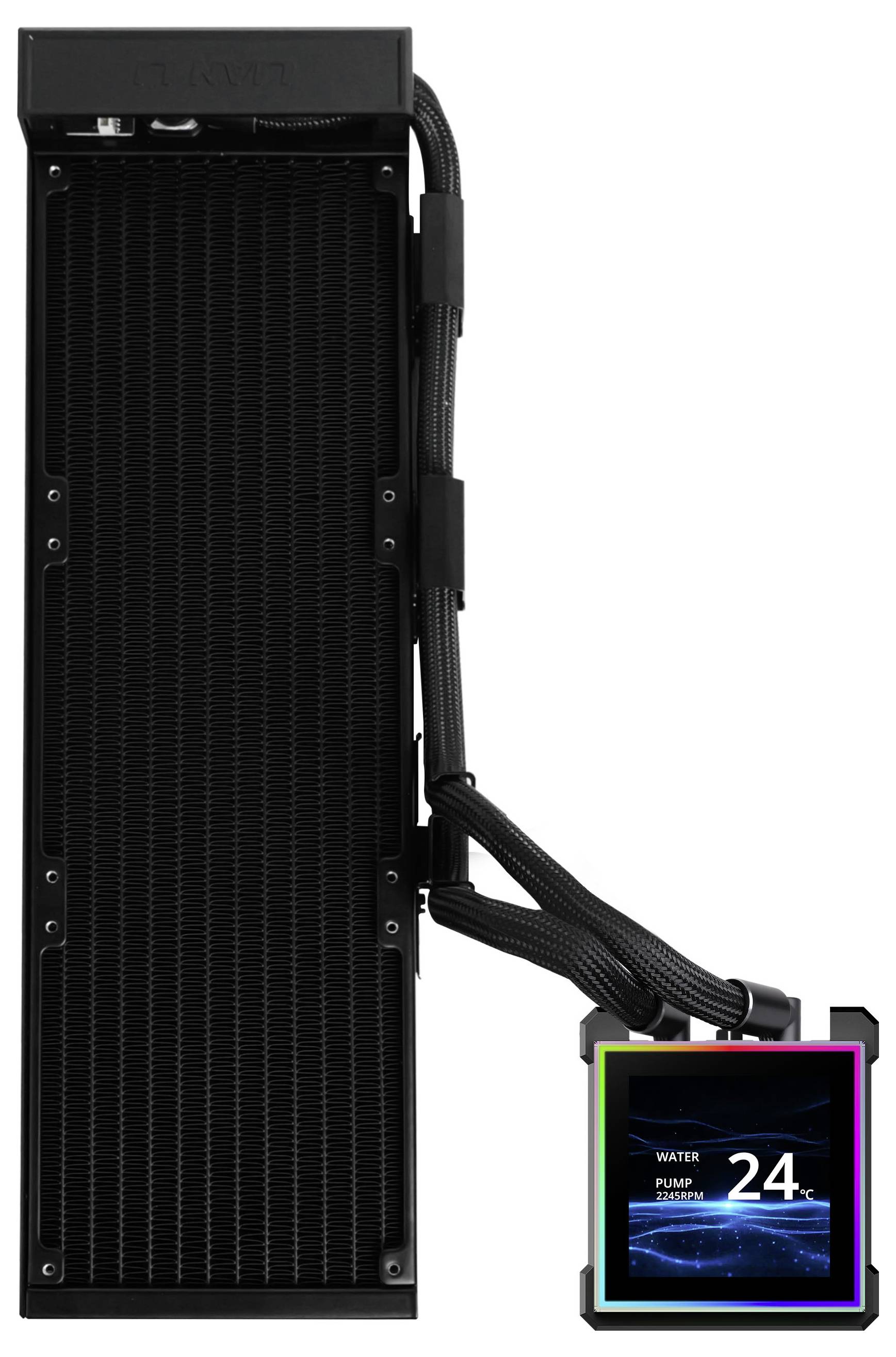 Ein Drei-Lüfter-Computer-Kühlsystem mit RGB-Beleuchtung an den Kanten, entwickelt zur effizienten Wärmeverbreitung im Inneren eines PCs.