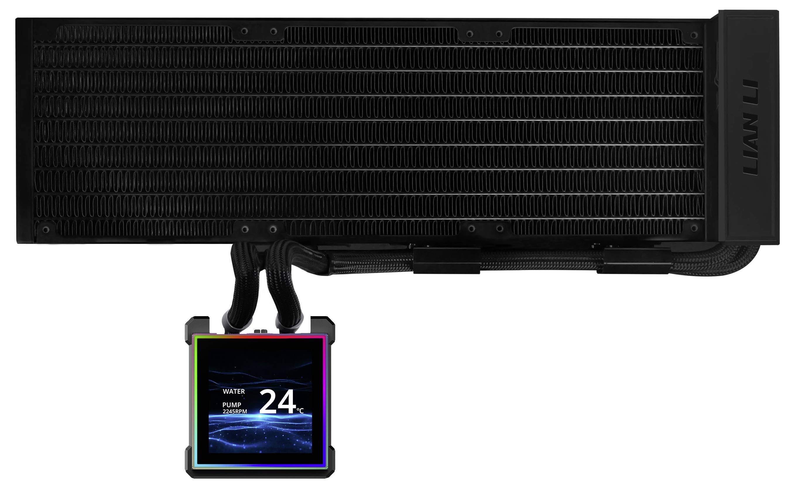 Ein schwarzer Lian-Li-Computer-Kühlkörper mit drei Reihen von Lüftungsöffnungen. Darunter angeschlossen ist ein farbiges Display, das „24°C