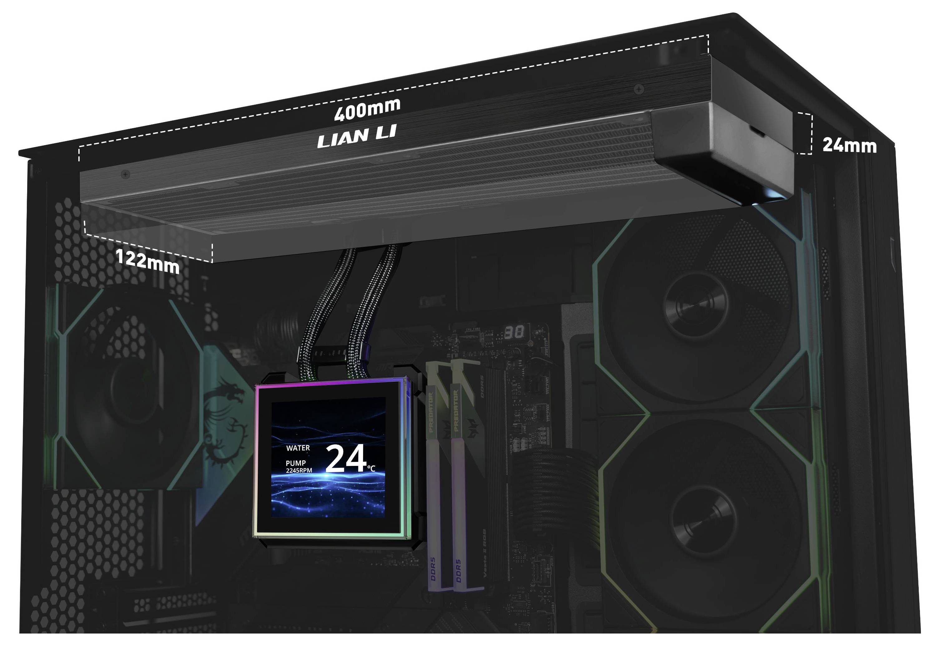 Computergehäuse von Lian Li mit folgenden Abmessungen: 400 mm breit, 122 mm hoch, 24 mm tief, mit RGB-Beleuchtung und integriertem Bildschirmdisplay.