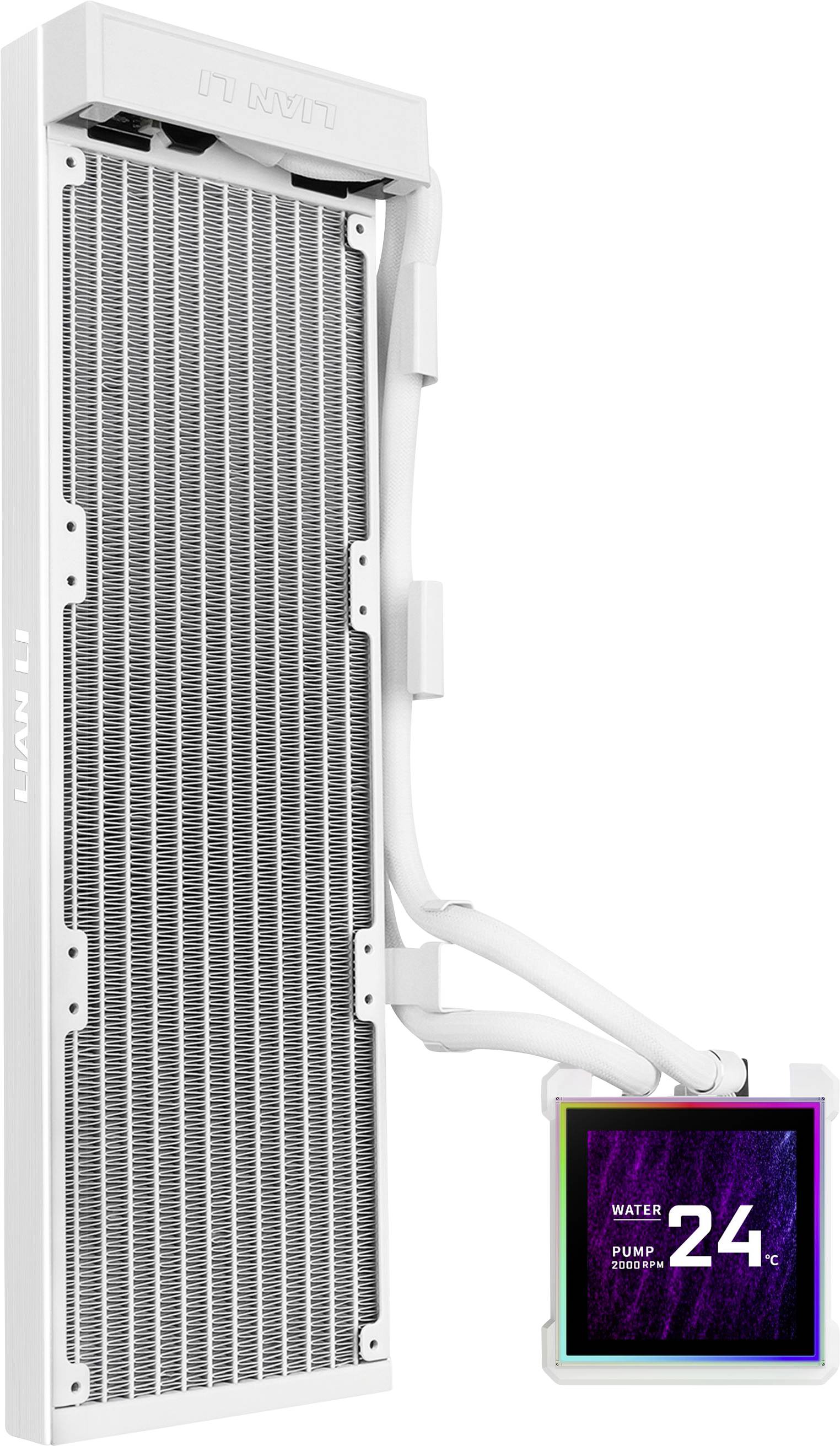 Weißer Computer-Flüssigkeitskühlkörper mit angebrachtem Display, das die Wassertemperatur bei 24°C und die Pumpengeschwindigkeit anzeigt.