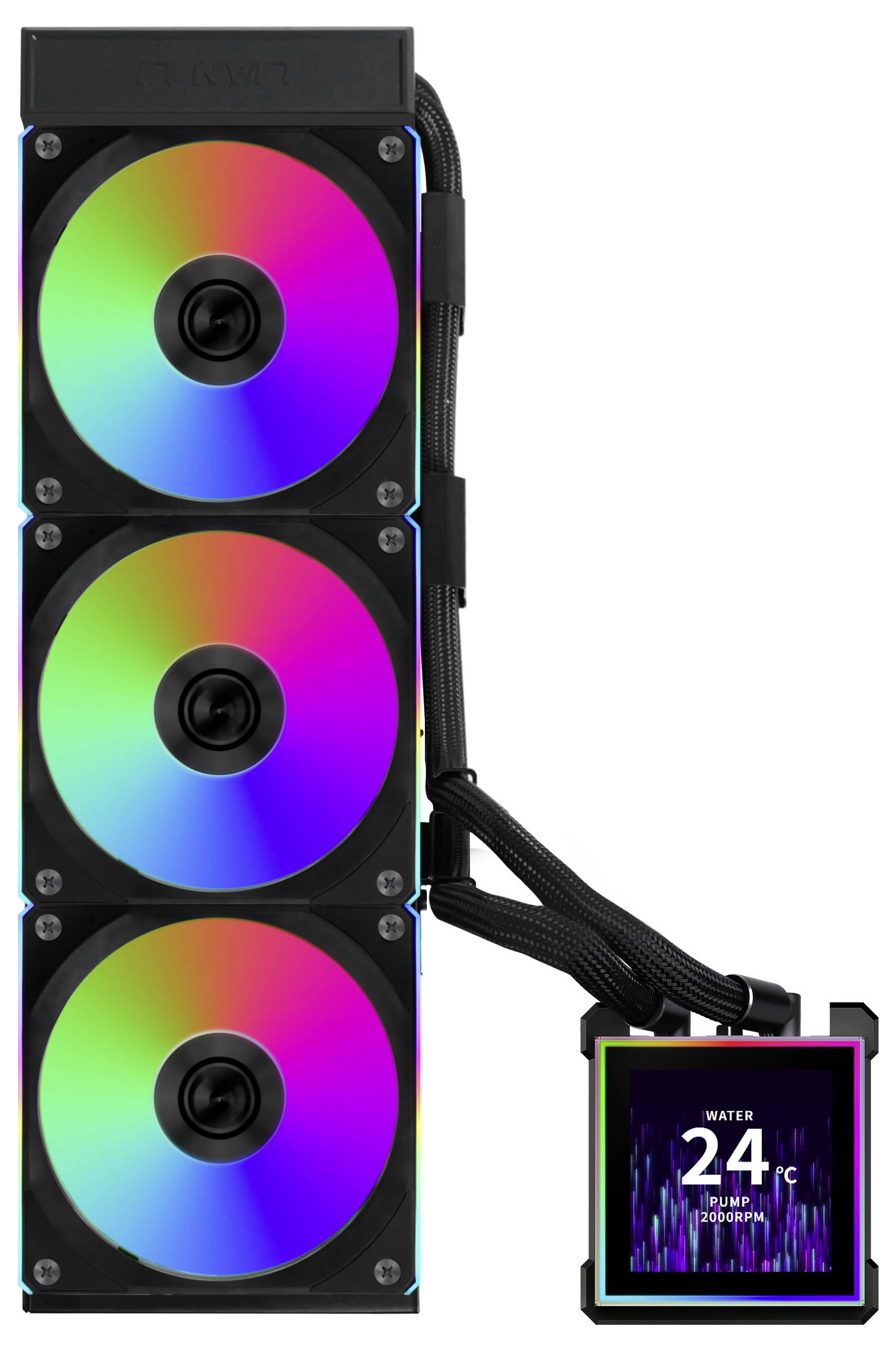 Computerkühlanlagensystem mit drei regenbogenfarbigen Lüftern und einem digitalen Display, das die Wassertemperatur bei 24°C anzeigt.