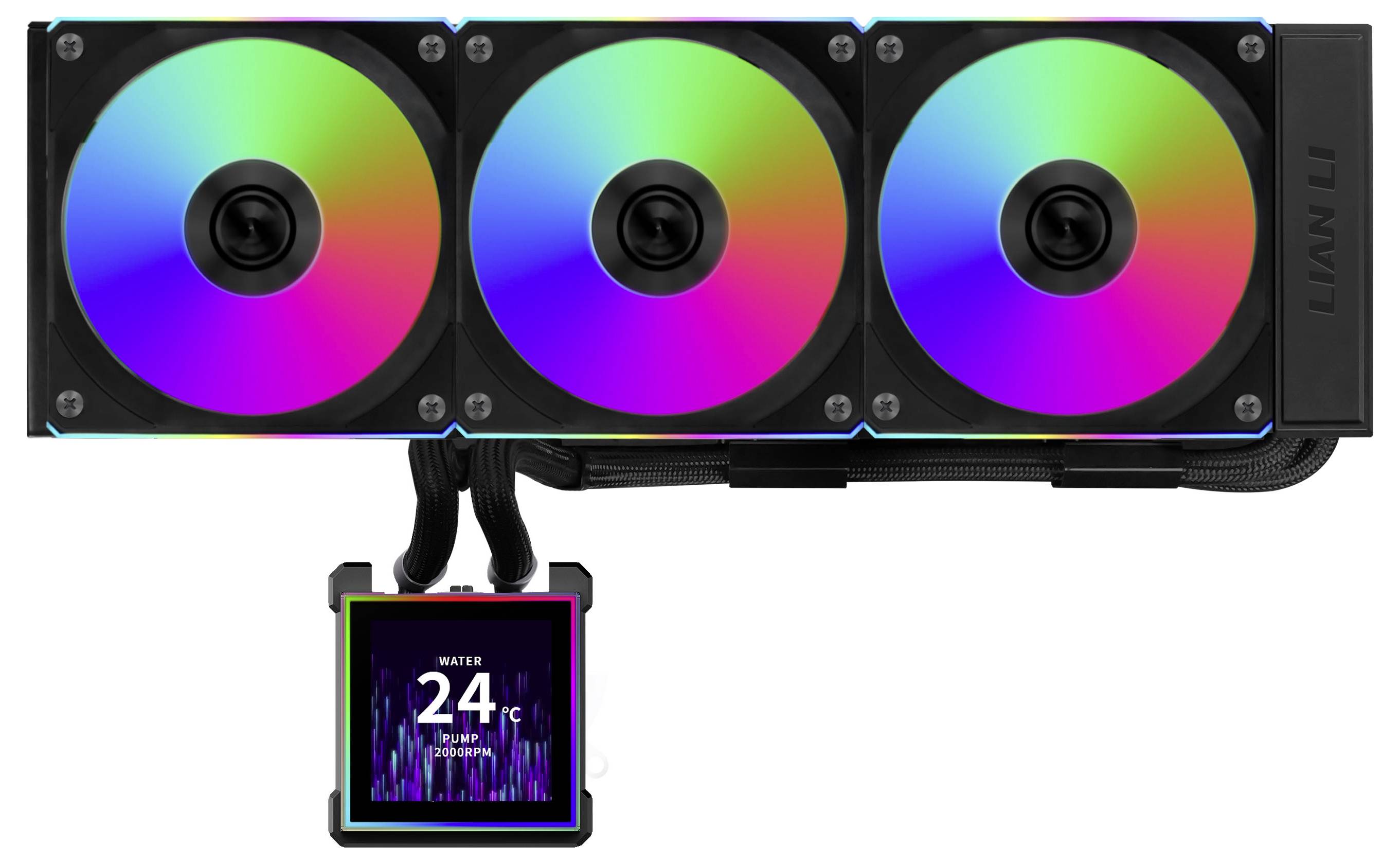 Ein Computerkühler mit drei RGB-Lüftern und einem Display, das die Wassertemperatur von 24°C anzeigt.